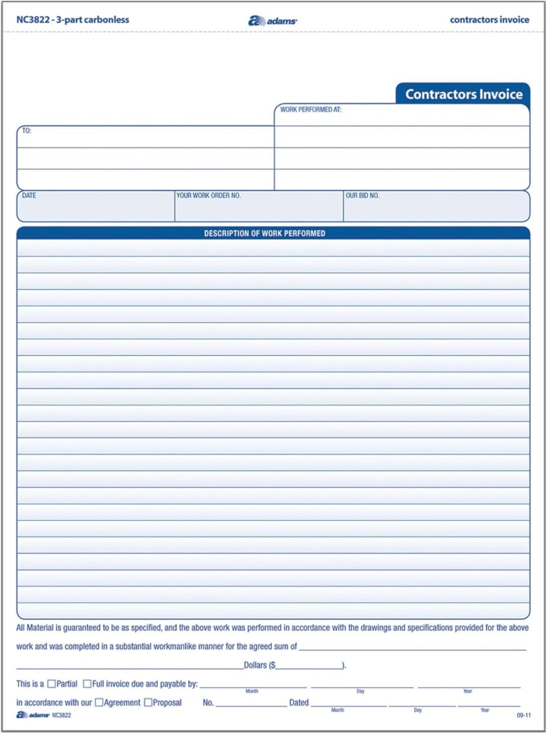 Contractor Invoice Forms, 8.5 x 11.44 Inch, 3-Part, Carbonless, 100-Pack