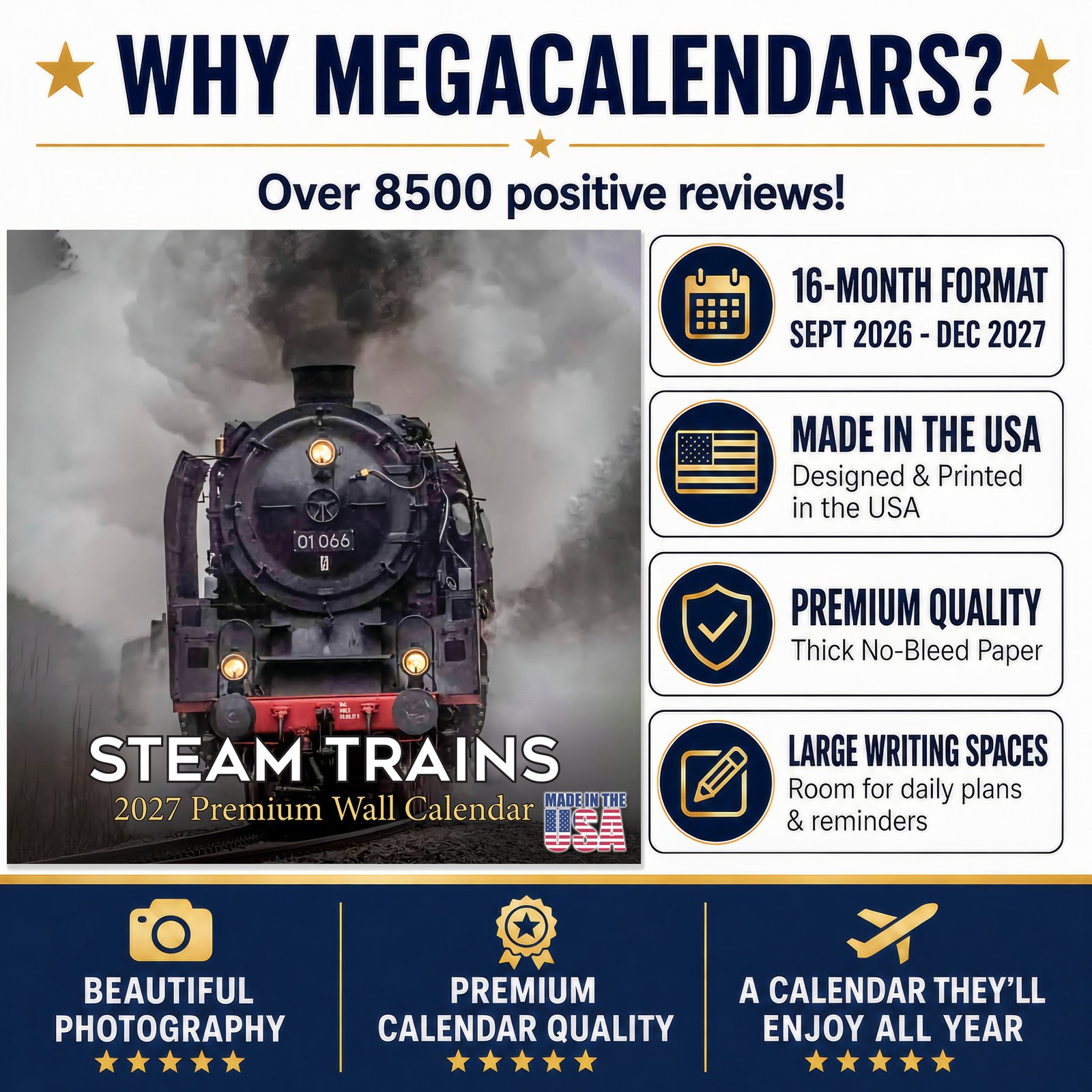 Steam Trains Calendar 2025 FULL SIZE 12×24 Made in USA