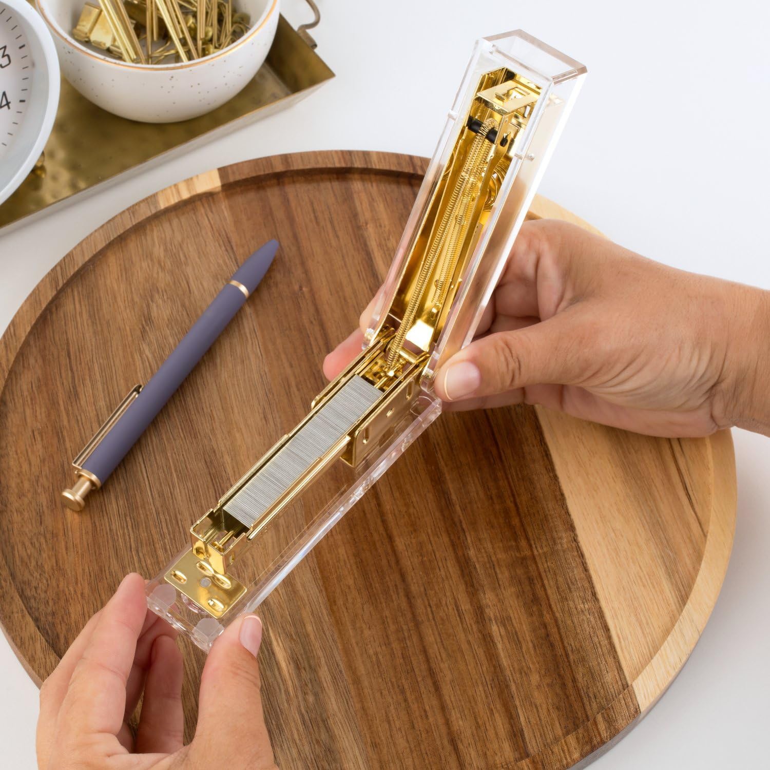 Stylish Clear Stapler, 20 Sheet Capacity, Gold Trim, For Documents And Paper