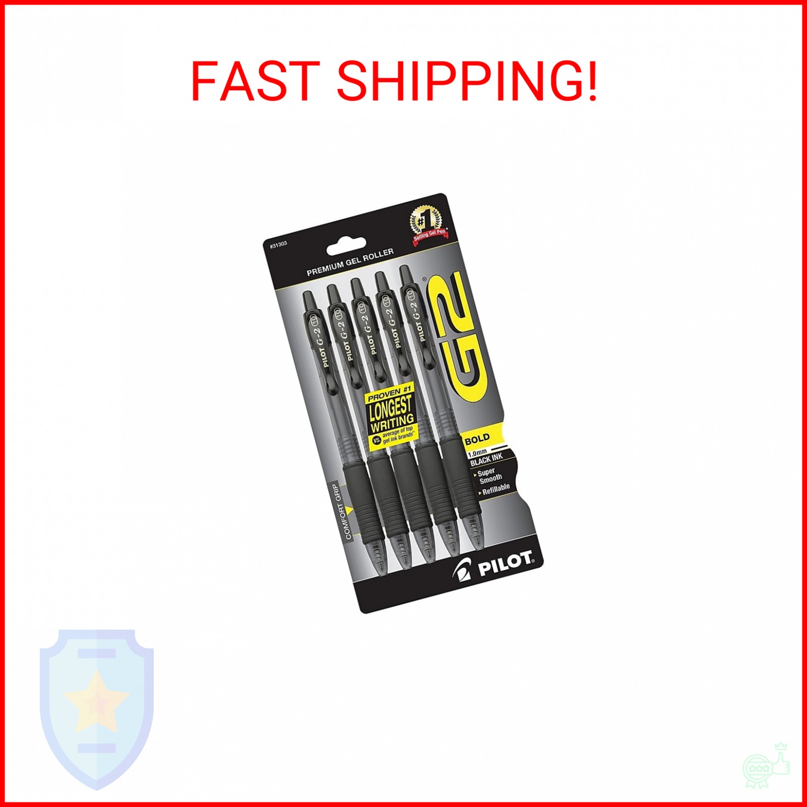 Pilot G2 Premium Gel Pens, Black Pens, Bold Point 1 mm, Pack of 5, Black