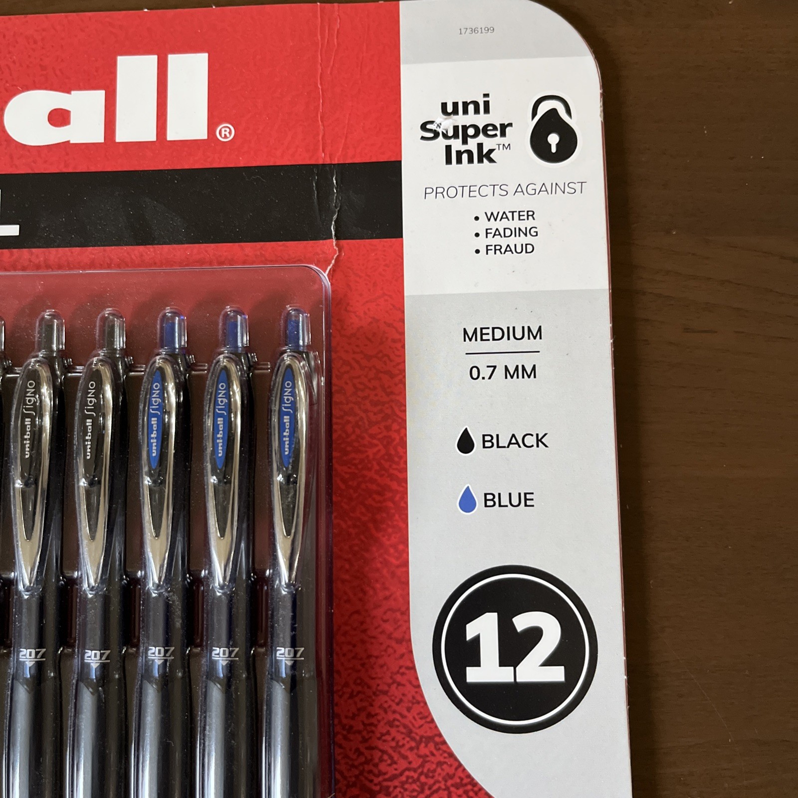 Uni-Ball 207 Gel Pens Retractable 0.7mm Medium-Tip Blue Black Ink, 12 Count