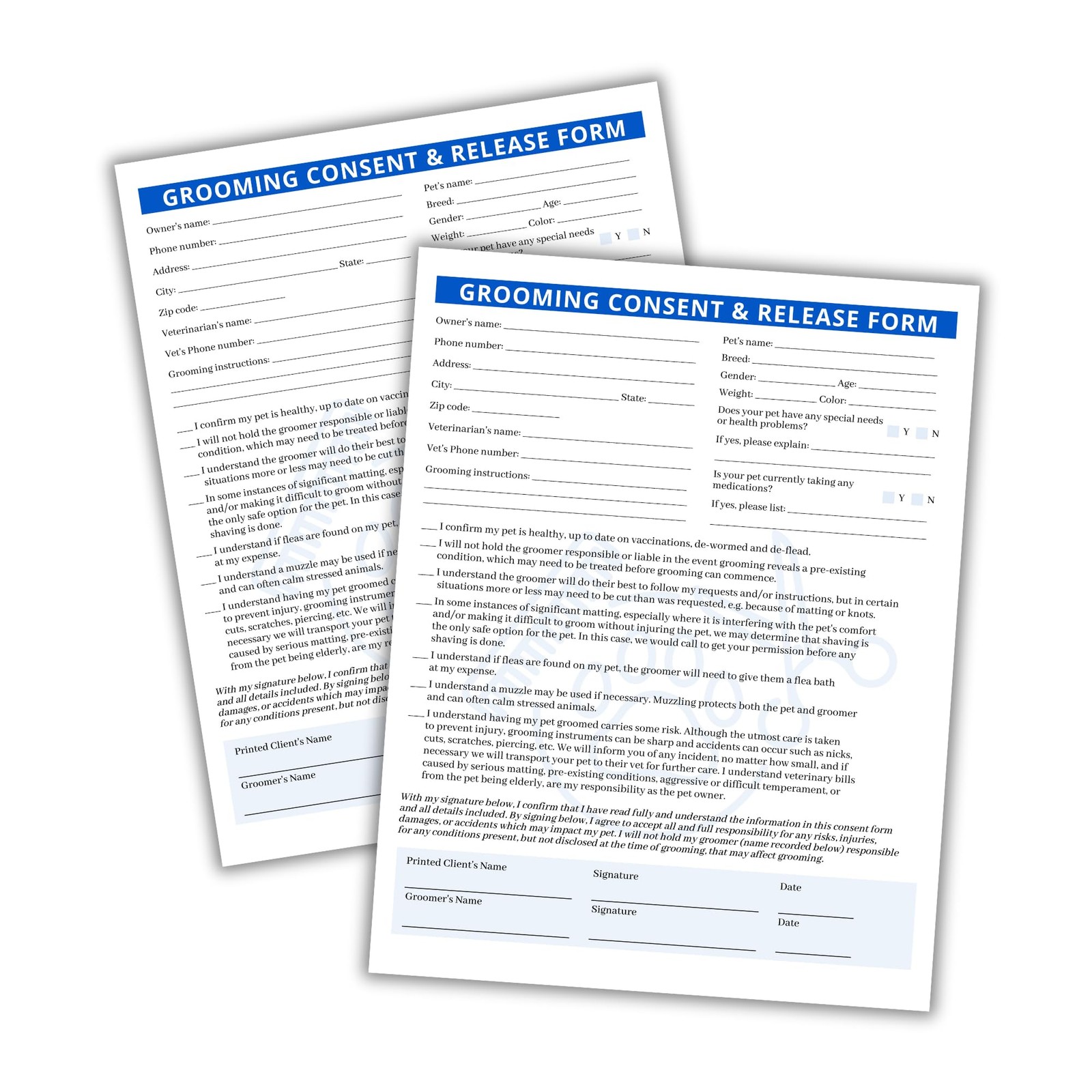 Pet Grooming Intake, Consent & Release Form | 50 Pack 8.5×11 inches, Blue