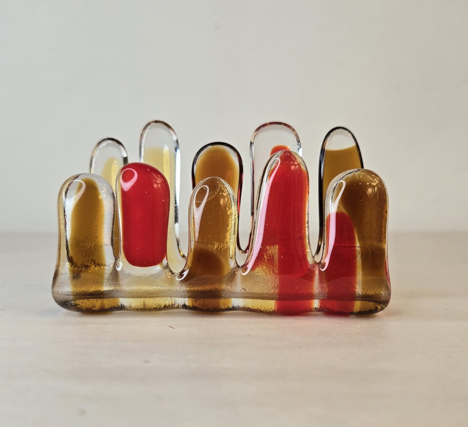 Handblown Glass Business Card Holder Warm Tones Red Orange Yellow Signed LUCIA