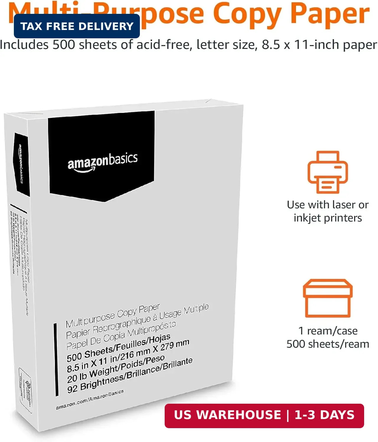 Amazon Basics Multipurpose Copy Printer Paper, 8.5 x 11 Inches, 20 lb, 92 Bright