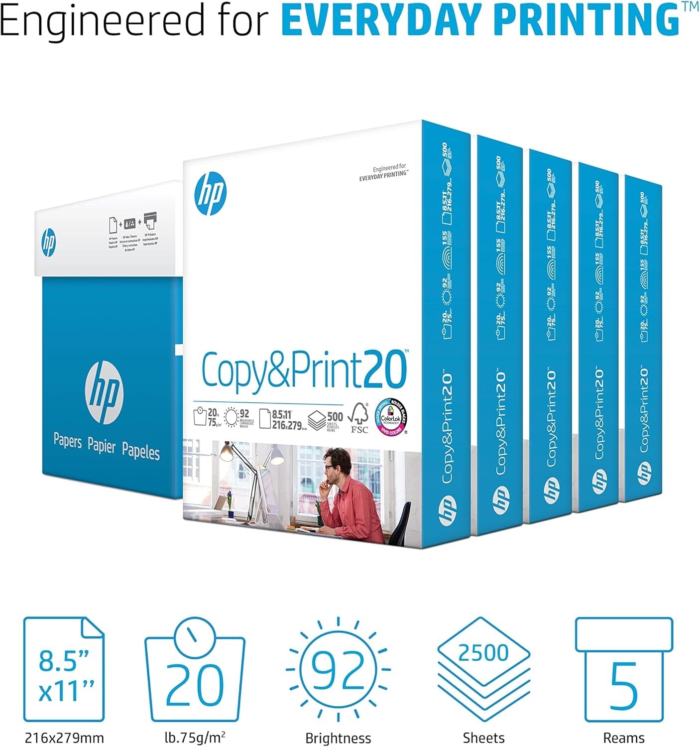 HP Printer Paper 8.5×11 Paper Copy &Print 20lb, 5 Ream Case -2500 Sheets 200350C