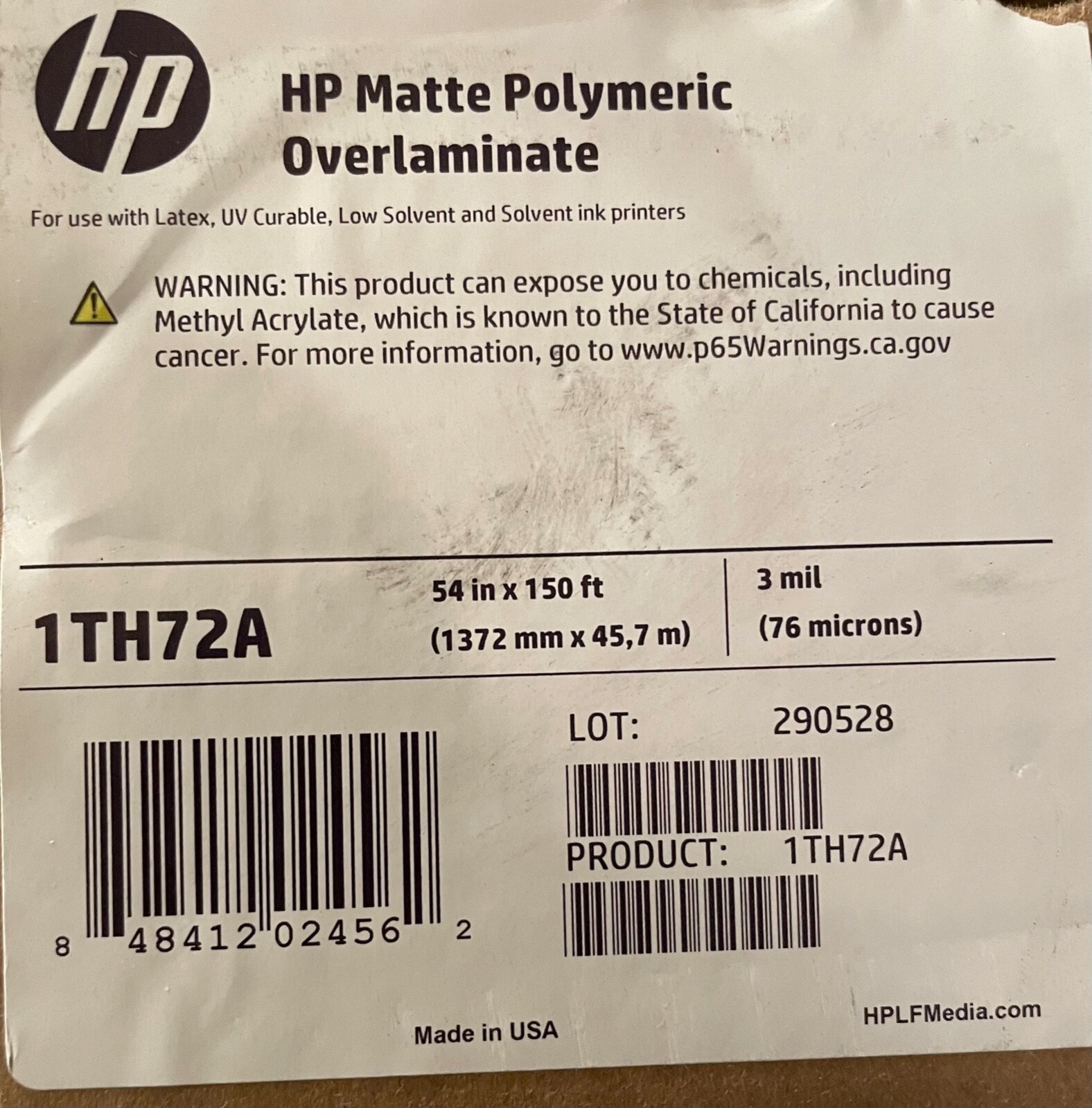 HP Matte Polymeric Overlaminate 54″ x 150 ft (1372mm x 45.7m) HP 1TH72A 3Mil