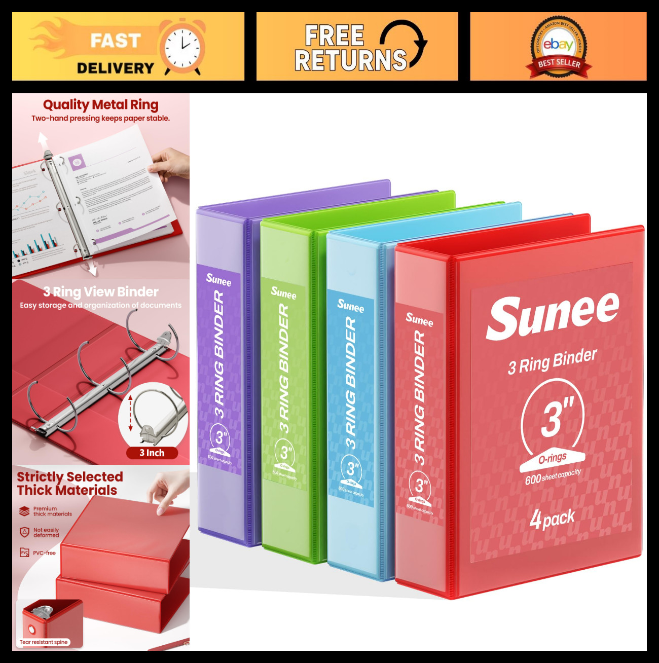 3-Inch 4-Pack Binders, Classic Color Set, 3 Ring, 8.5×11 Inches, Office & School
