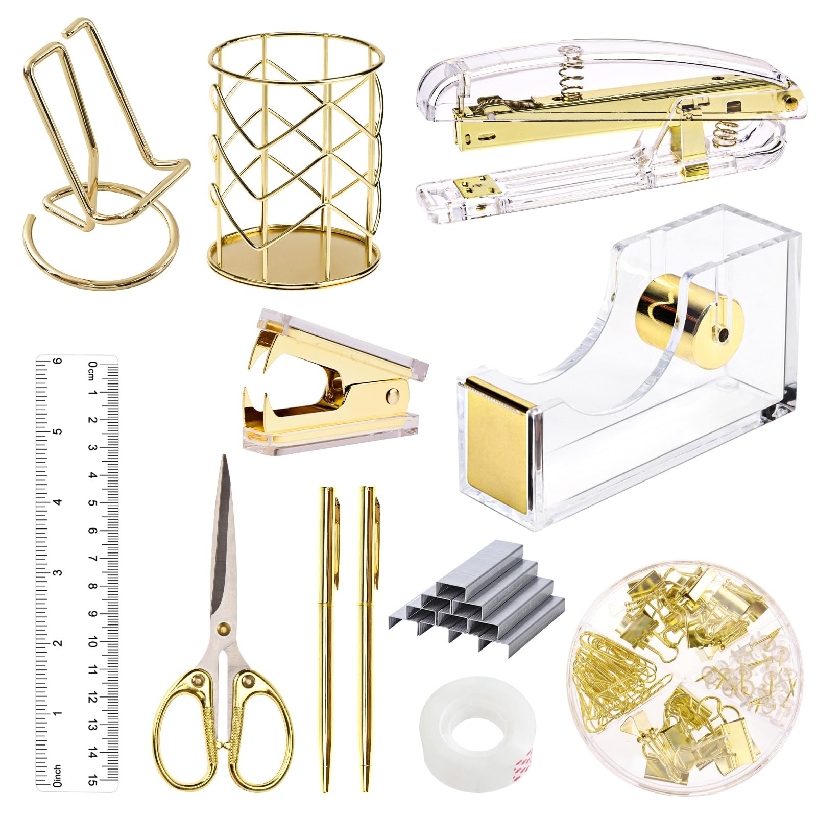 EOOUT Gold Office Supplies Set Desk Accessories, Acrylic Stapler