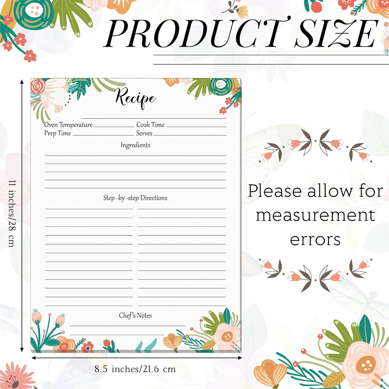 50 Sheets Recipe Paper Full Size Recipe Refill Pages 8.5 x 11 Inch Cards for Bin