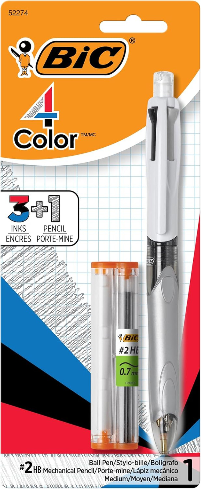 BIC 4-Color 3+1 Ballpoint Pens and Pencil, Medium Point (1.0 mm), Assorted Color