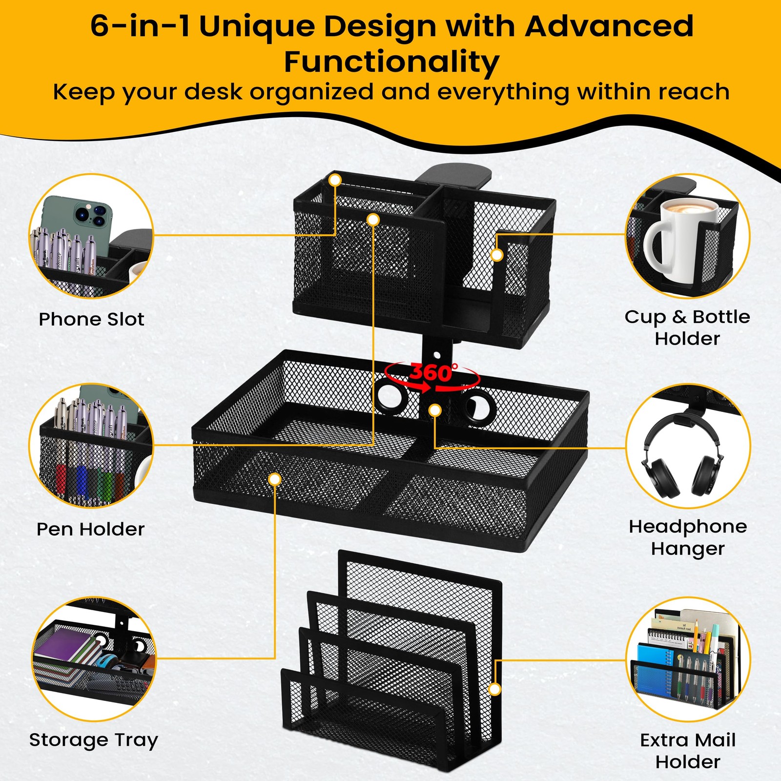 6-in-1 Clamp On Desk Organizer with Cup Holder & 360Â° Rotating Under Desk Dra