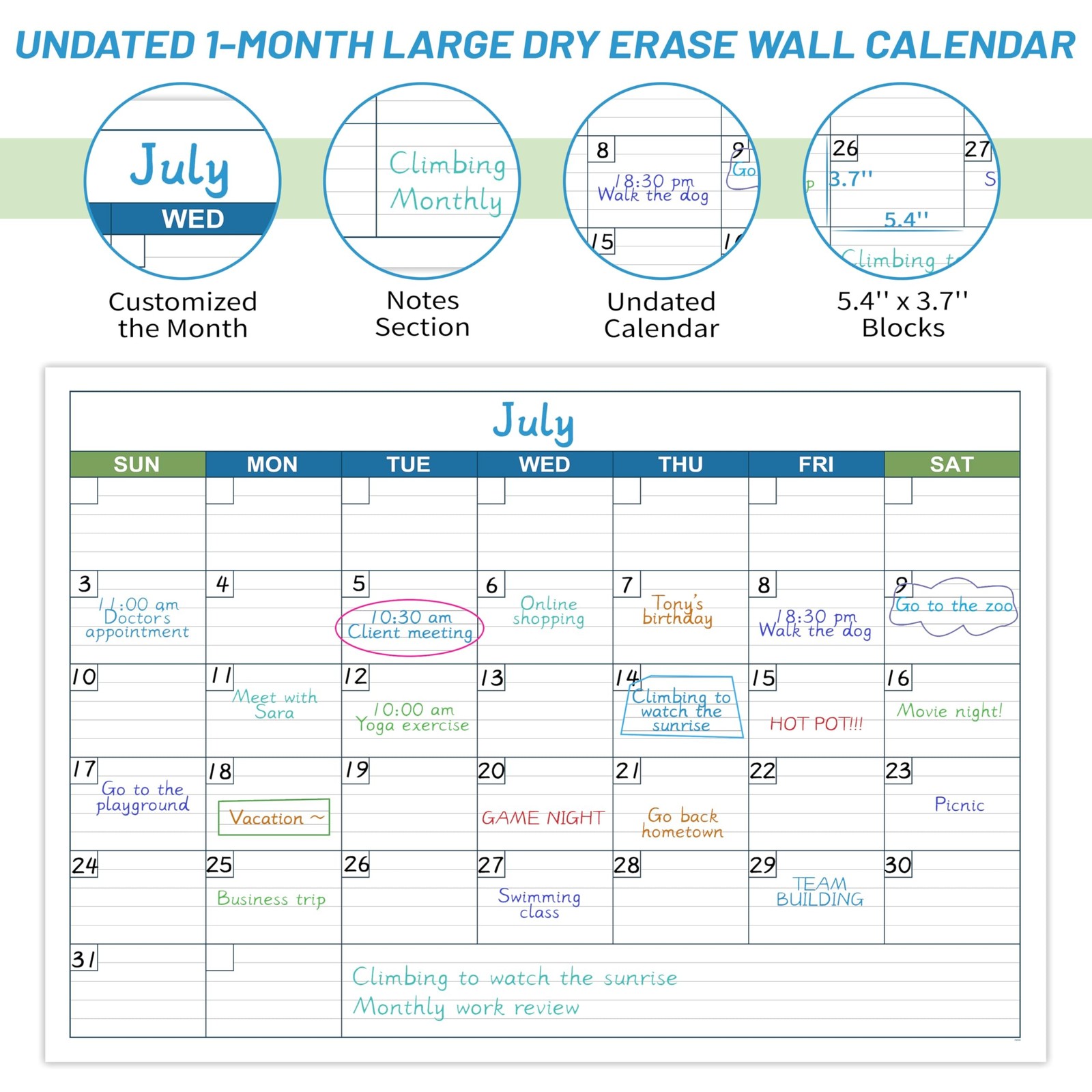 Large Dry Erase Calendar – Undated 1 Month Dry Erase Calendar for Wall, 40″ x…