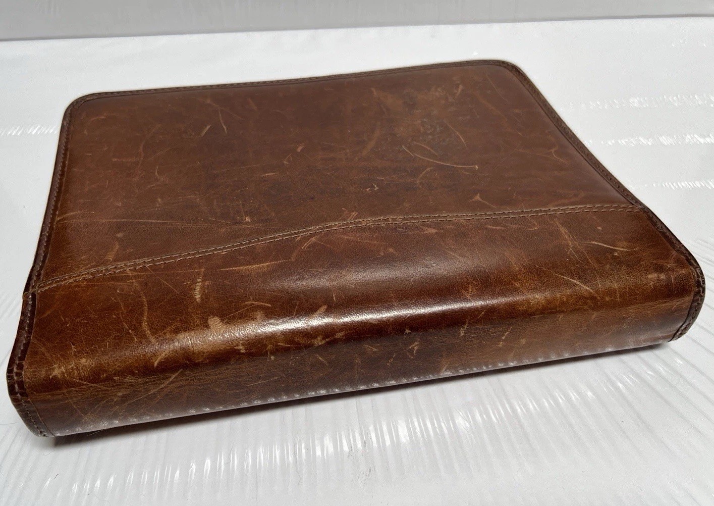 Vintage Day Timer Planner Brown Genuine Leather Organizer Binder Zip 7 Rings