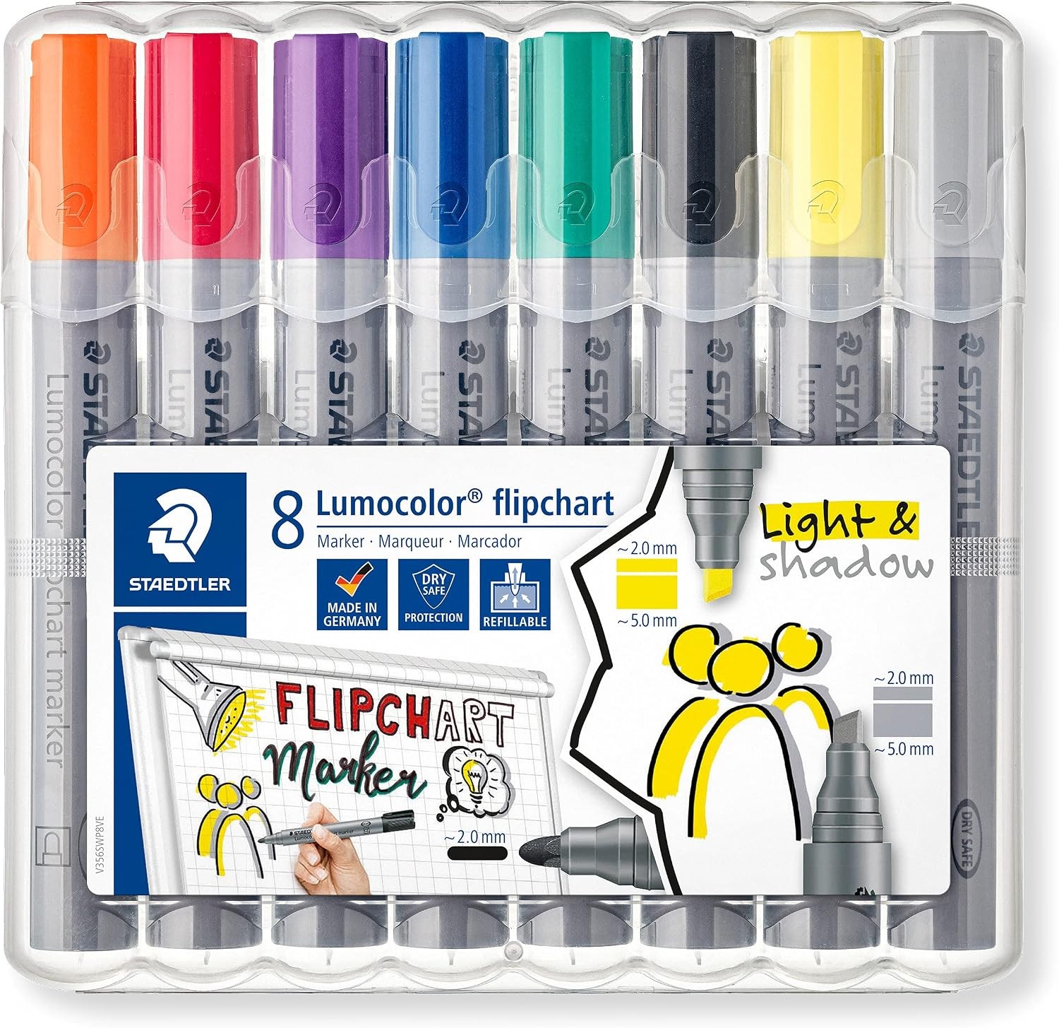 Lumocolor Flipchart Marker: Set of 8, Assorted Colors, Bullet Tip 2.0mm & Chisel