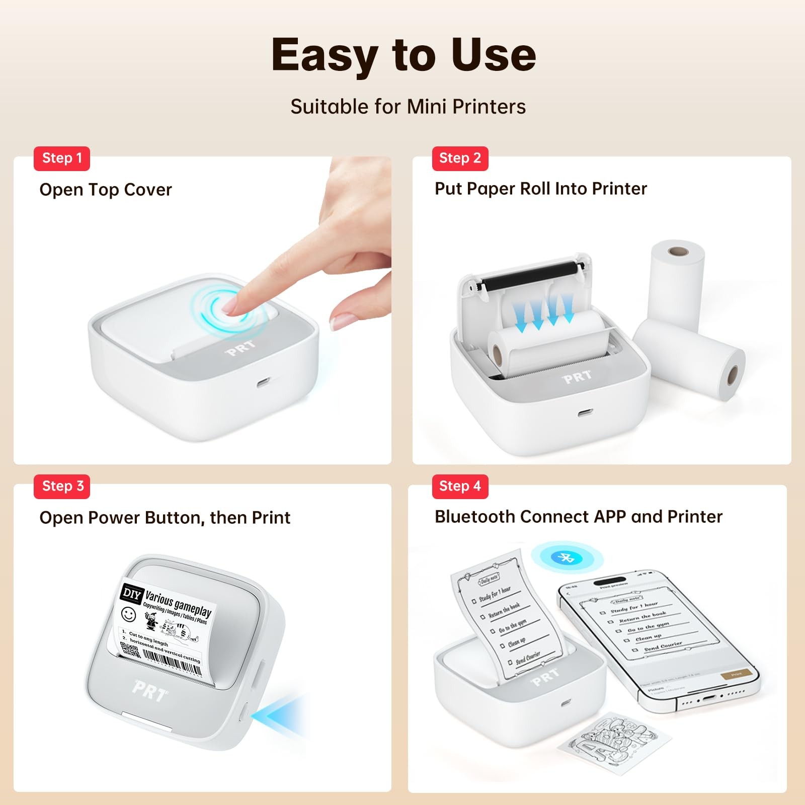 PRT Sticker Printer, Mini Thermal Printer Bluetooth Portable Mini, White