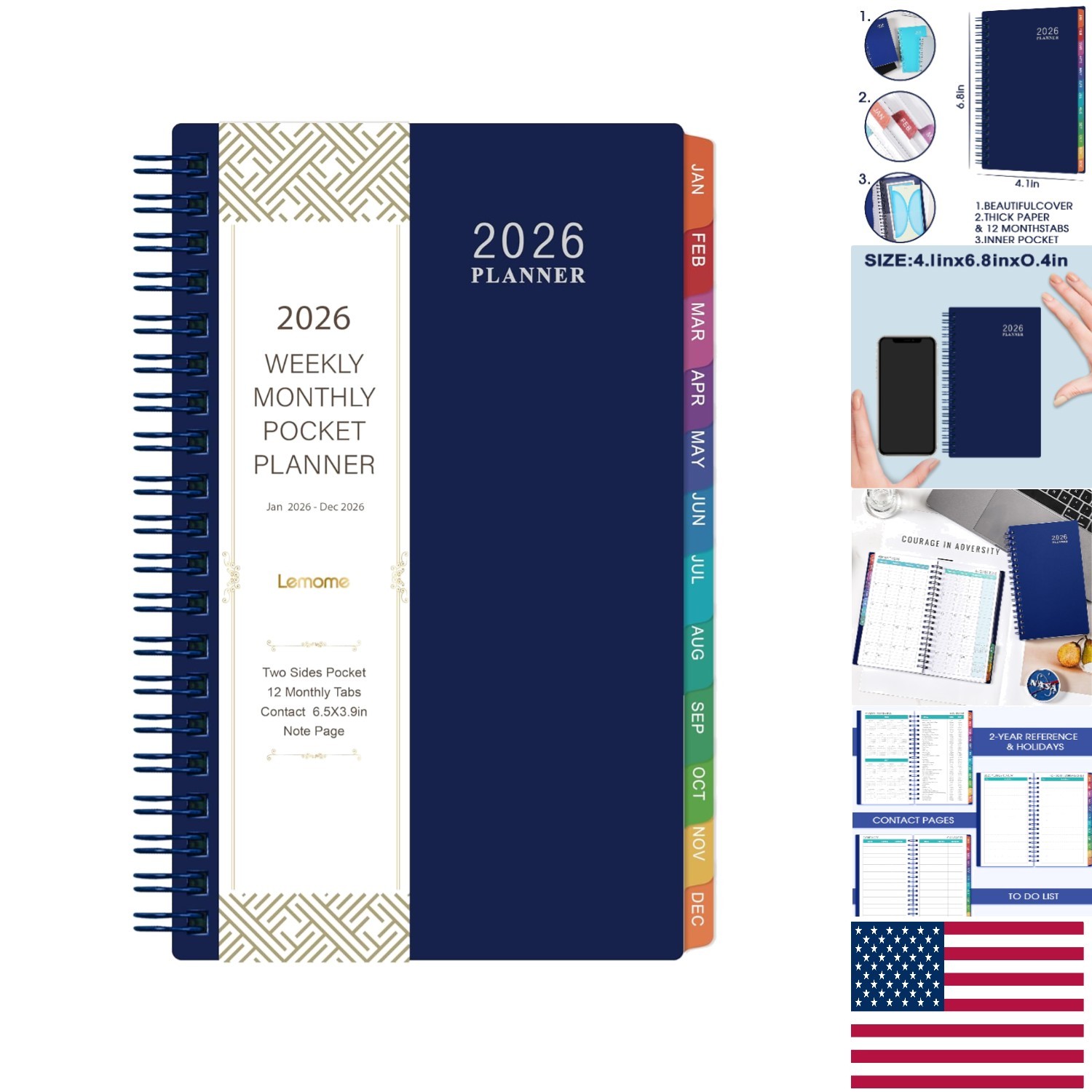Navy Blue 2026 Pocket Planner with Weekly & Monthly Layout – On-the-Go Essential