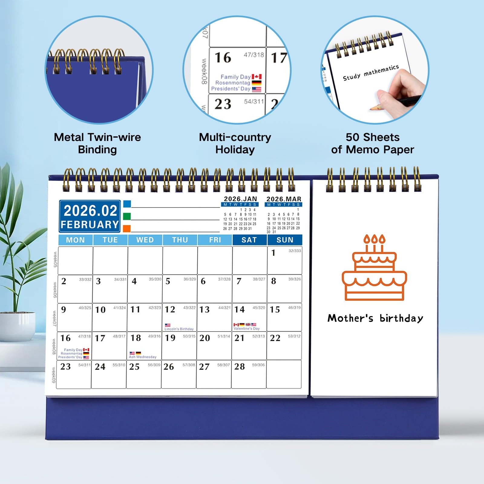 2026-2028 (3 Years) Desktop Calendar Small Flip 10.4″W x 7.3″H, Dark Blue