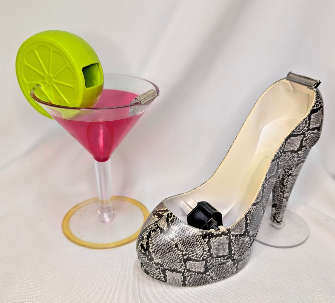 Pair of SCOTCH Tape Dispensers Martini Glass & Snakeskin High Heeled Shoe