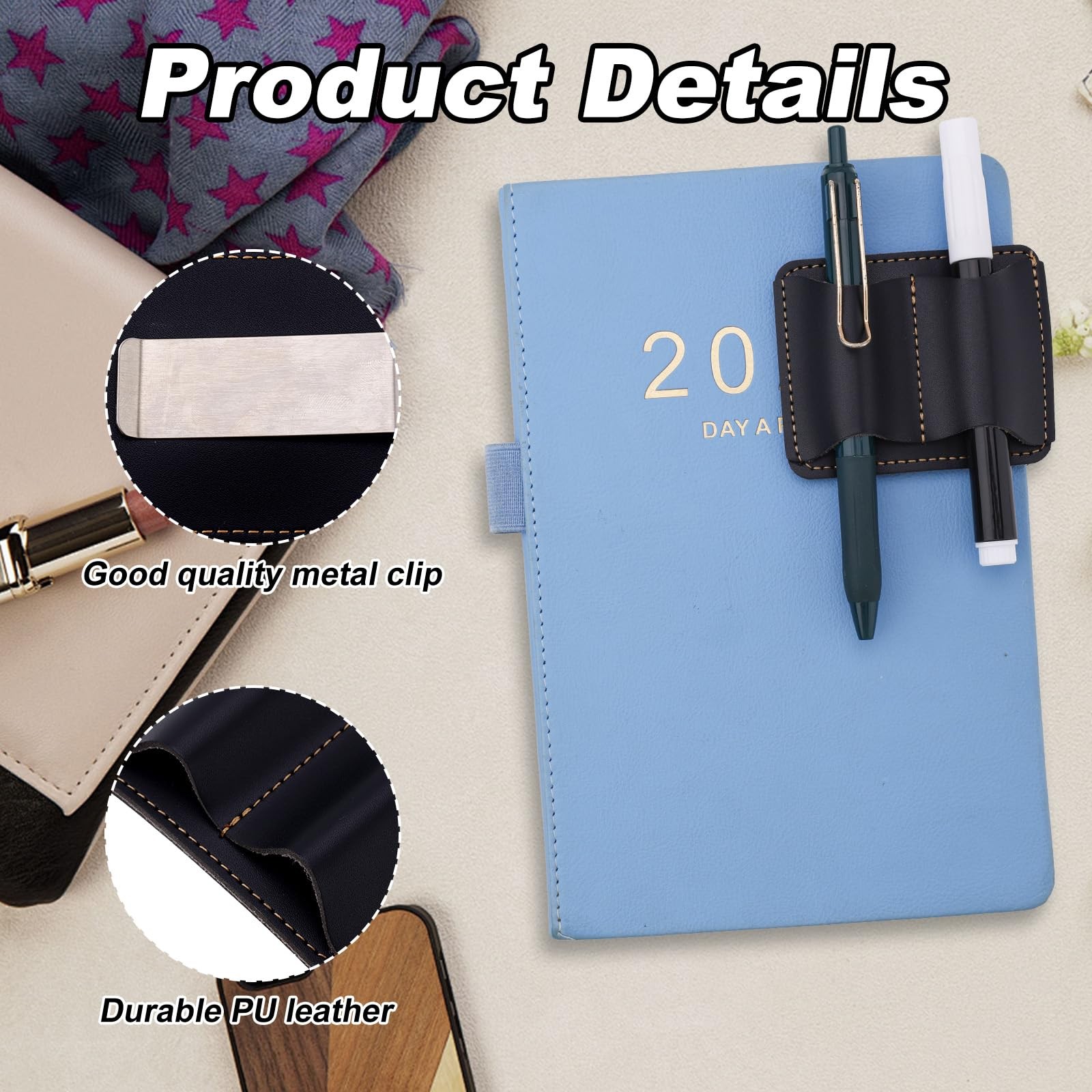 Black Notebook Pen Pencil Holder Clip, 3×2.4in Two Hole Leather Pen Holder Cl…