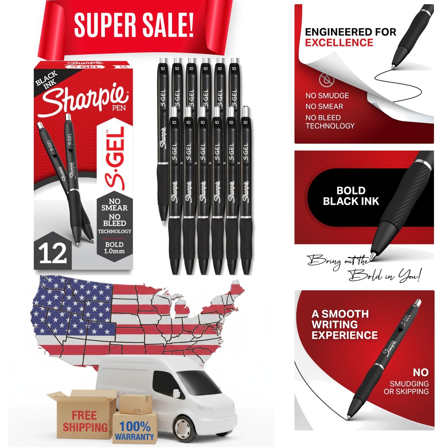Vivid Black Gel Pens – 1.0mm Bold Point, 12 Pack for Note-Taking & Journaling