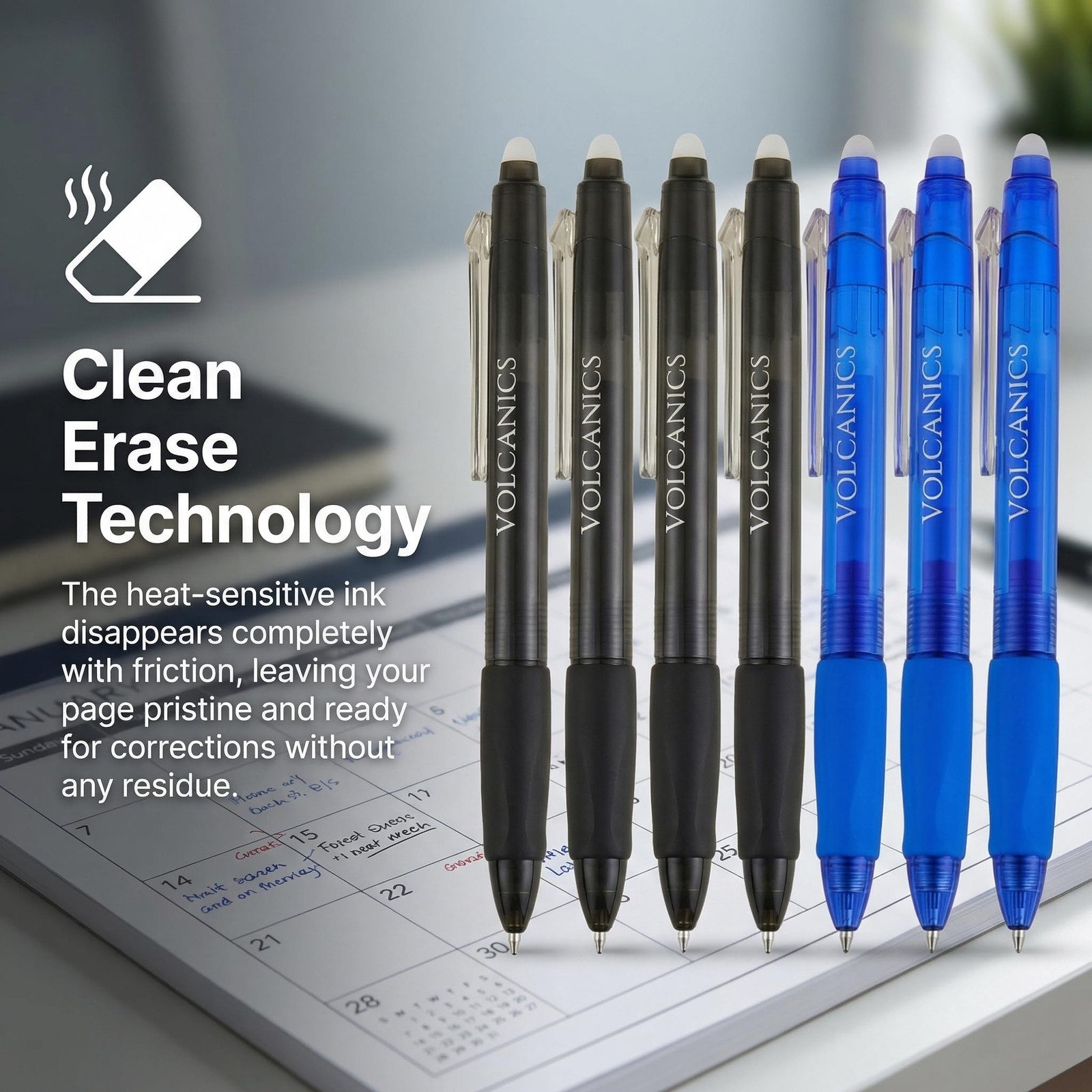 Volcanics Retractable Clicker Erasable 1 Count (Pack of 12), Blue and Black