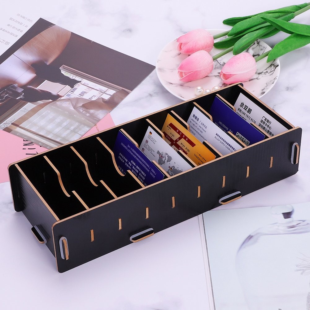 DIY Wood Business Card Organizer with Dividers – 9 11x4x2.4in, Black