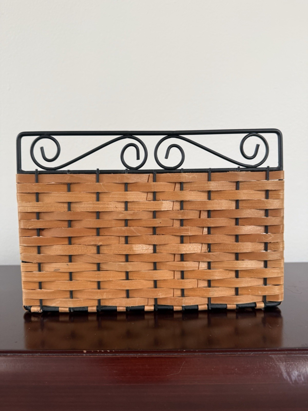 Brown Basket-Weave Wood and Black Scrolled Metal Mail Organizer Unbranded