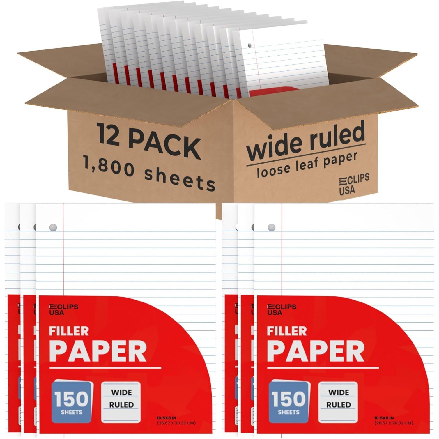 12 Pack Notebook Paper, Loose Leaf Paper, 10.5” x 8” Filler Paper, 150 Per Pack