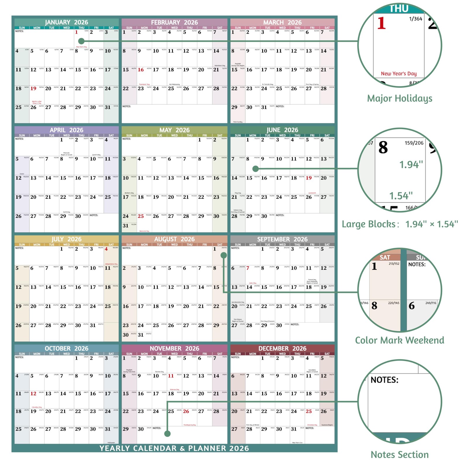 Yearly Wall Calendar 2026 – Large 2026 Vetical, multicolored