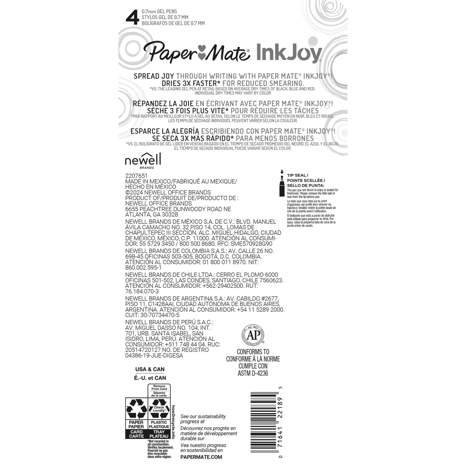 Paper Mate InkJoy Gel Pens, Medium Point, 0.7 1 Count (Pack of 4), Assorted