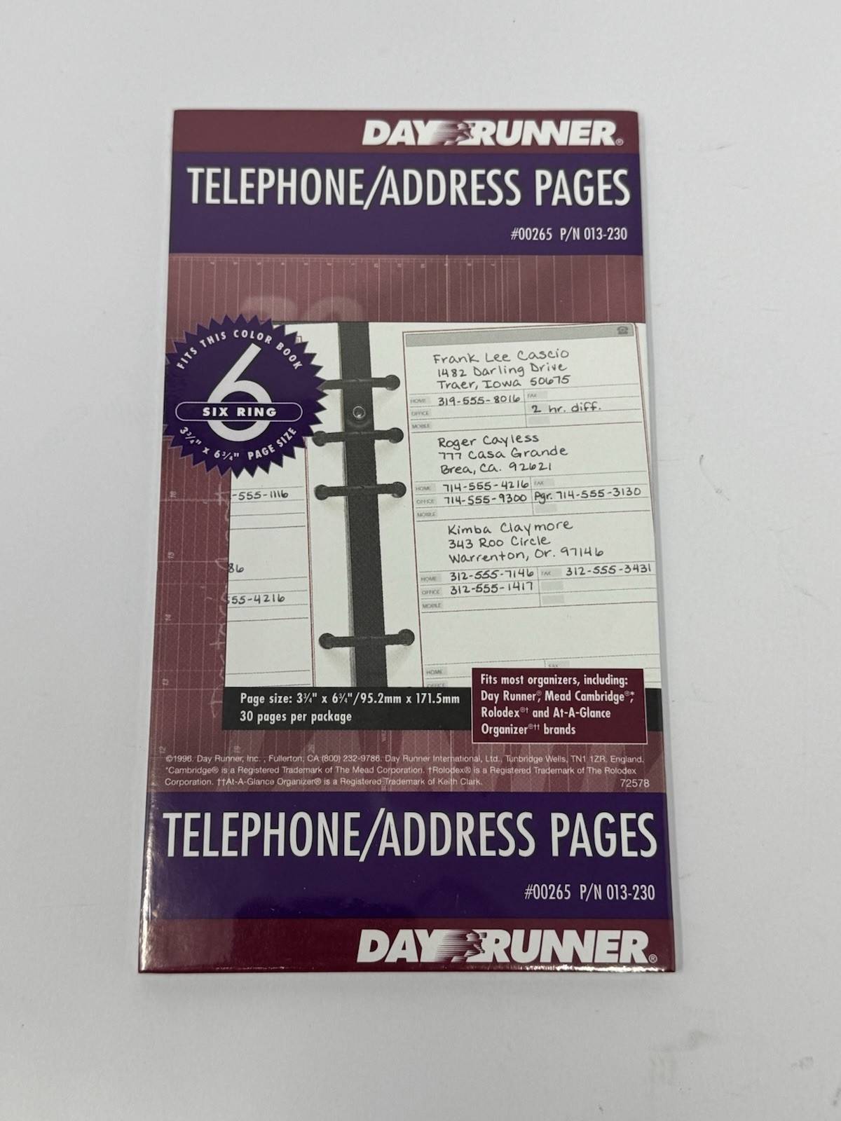 Day Runner Vintage #00265 Telephone Address 30 Pages 3 3/4″ X 6 3/4″ 6 Ring