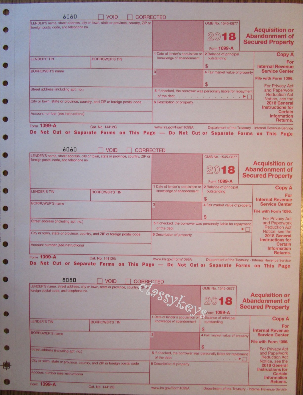 2018 IRS Tax Form 1099-A single sheet set for 3 borrowers, carbonless 3-part
