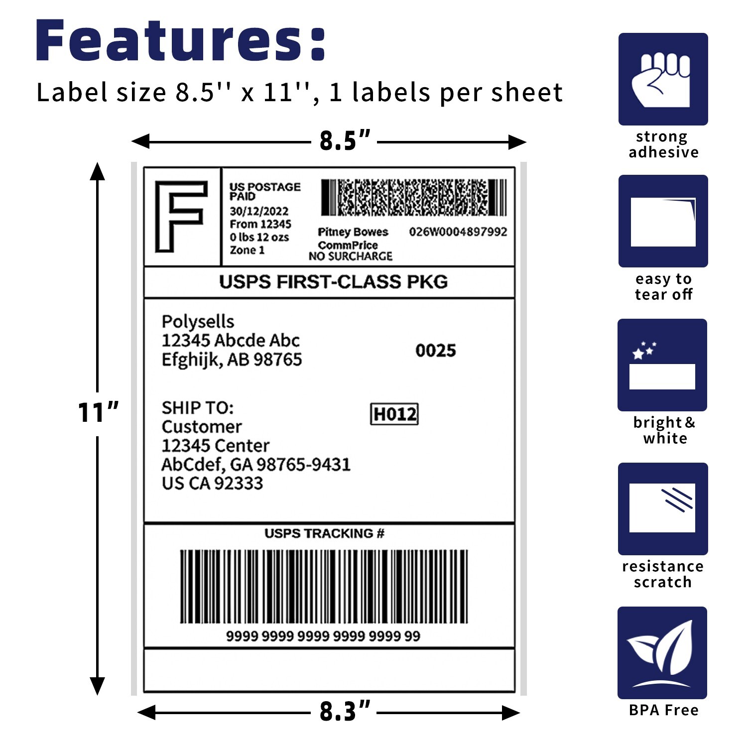 500 Shipping Labels Full Sheet 8.5×11 Self Adhesive POLYSELLS®