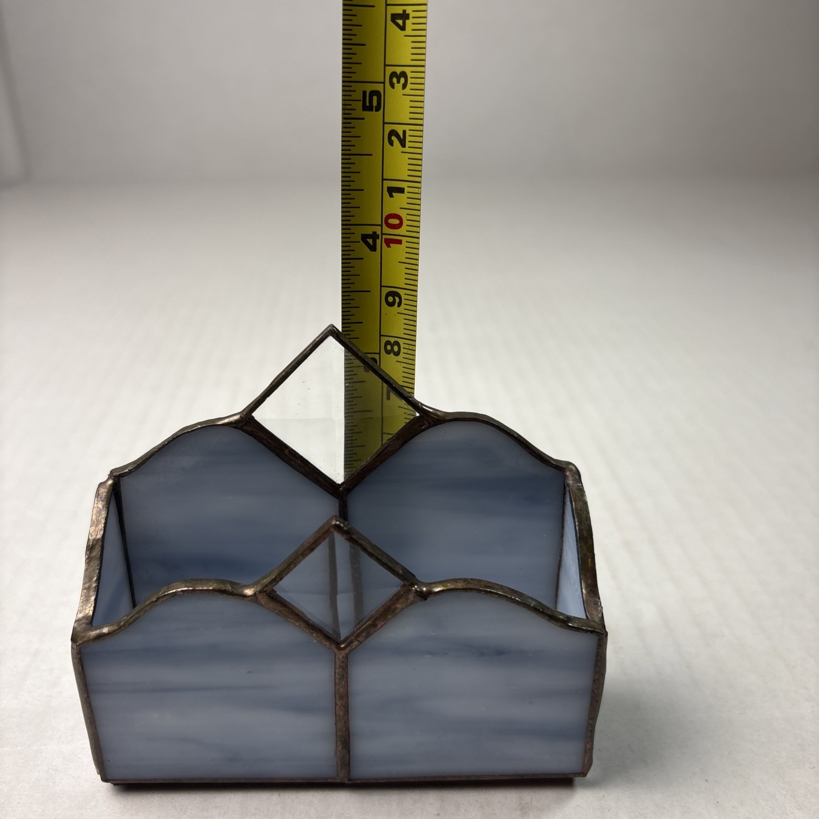handcrafted stained glass business card desk organizer with metal frame Vintage