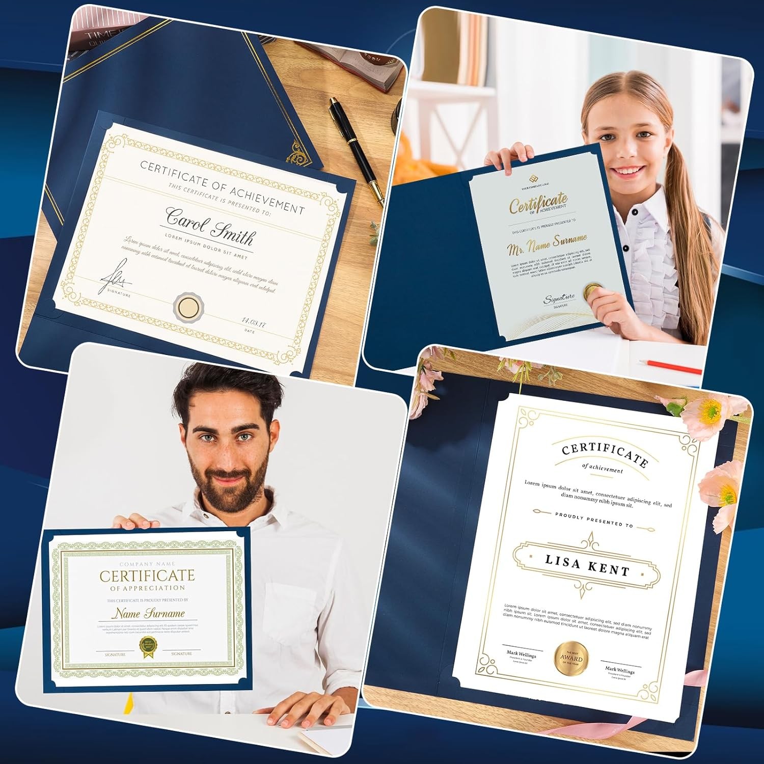 Certificate Holders, 12 Pack Navy Blue Diploma Holders with Gold Foil Border, Ce