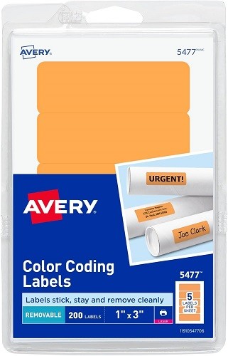 Rectangular Removable Color Coding Laser 1x3in labels Neon Orange 200/PK – 1EA