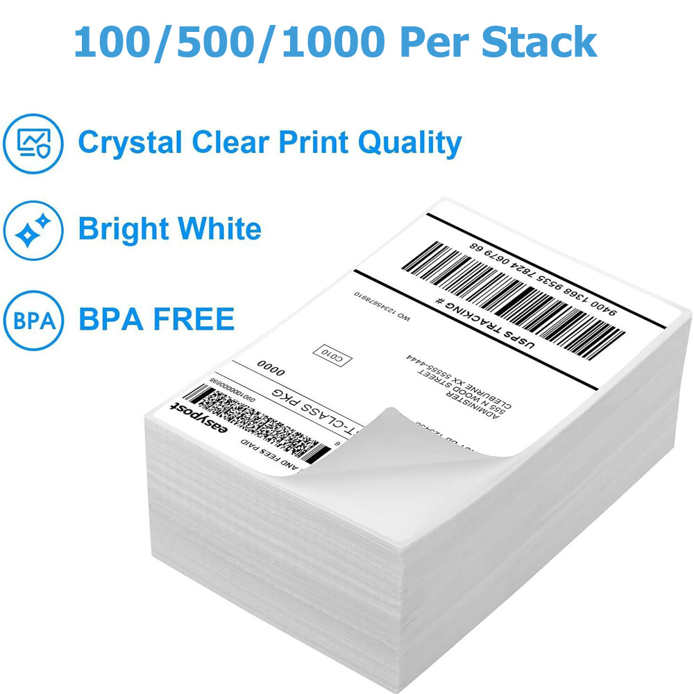 100-1000 4×6 Fanfold Direct Thermal Shipping Labels Perforated for Zebra & Rollo