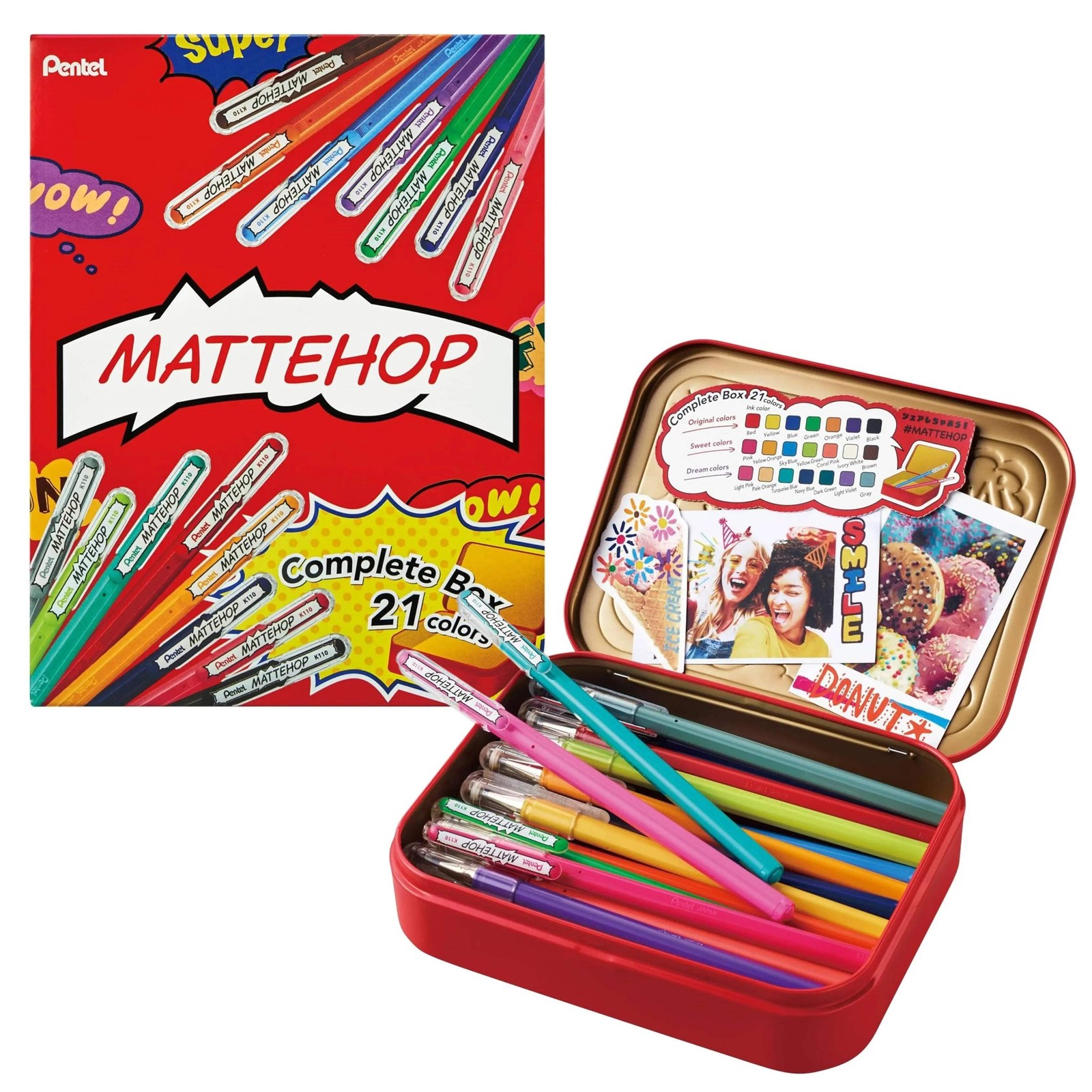 Pentel MATTEHOP Color Gel Pen Set, (1.0 mm), 21 Colors, with Limited Edition Met