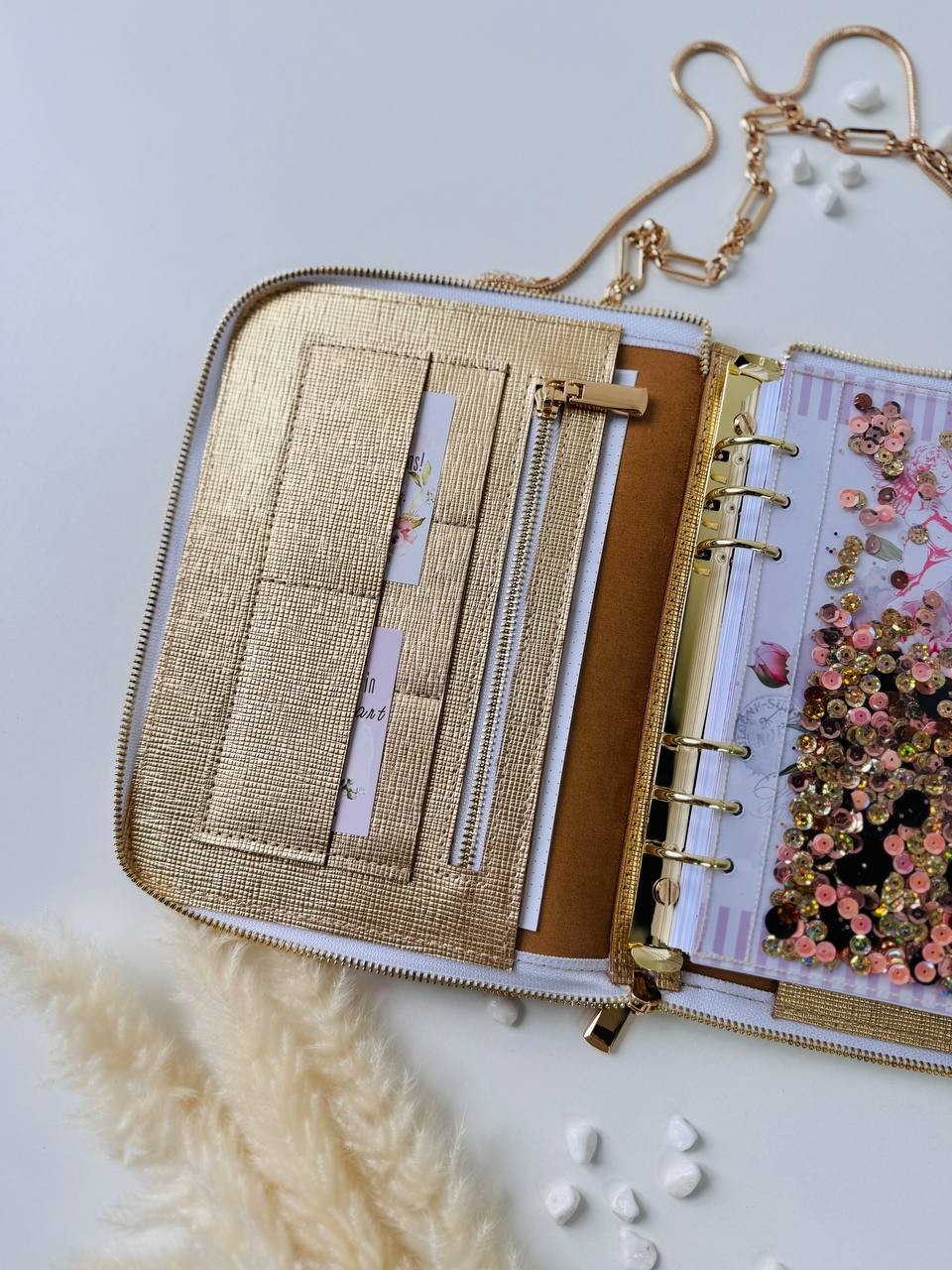 Golden leather Binder Planner Journal Gift A5. Dairy planner organizer handmade.
