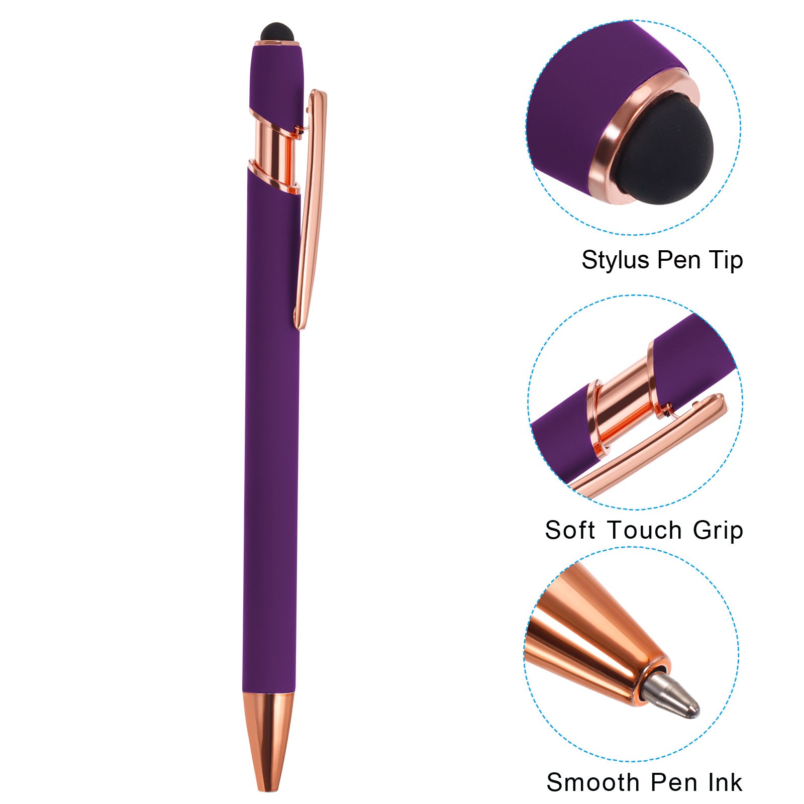 Ballpoint Pen with Tip, 12 Pack 2 in 1 Metal Pen Style 2, Purple