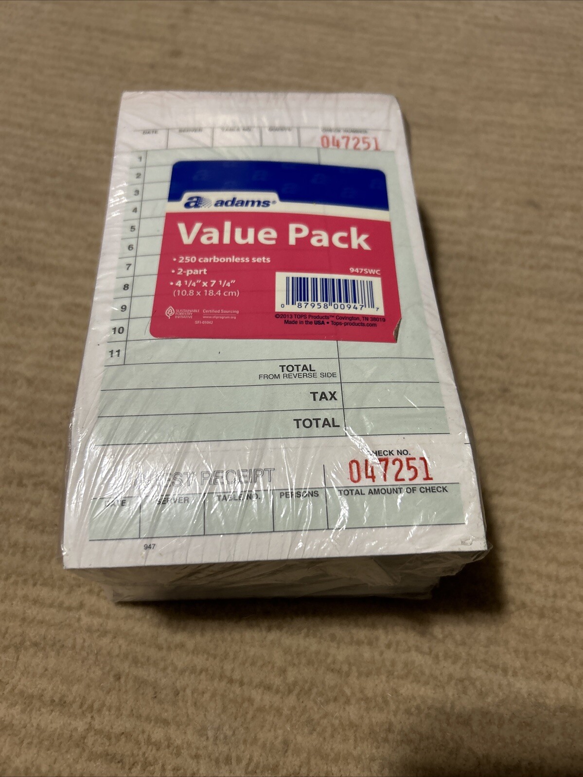 Adams 250 Carbonless Unit Sets 2 Part Guest Check Receipt 947SWC.