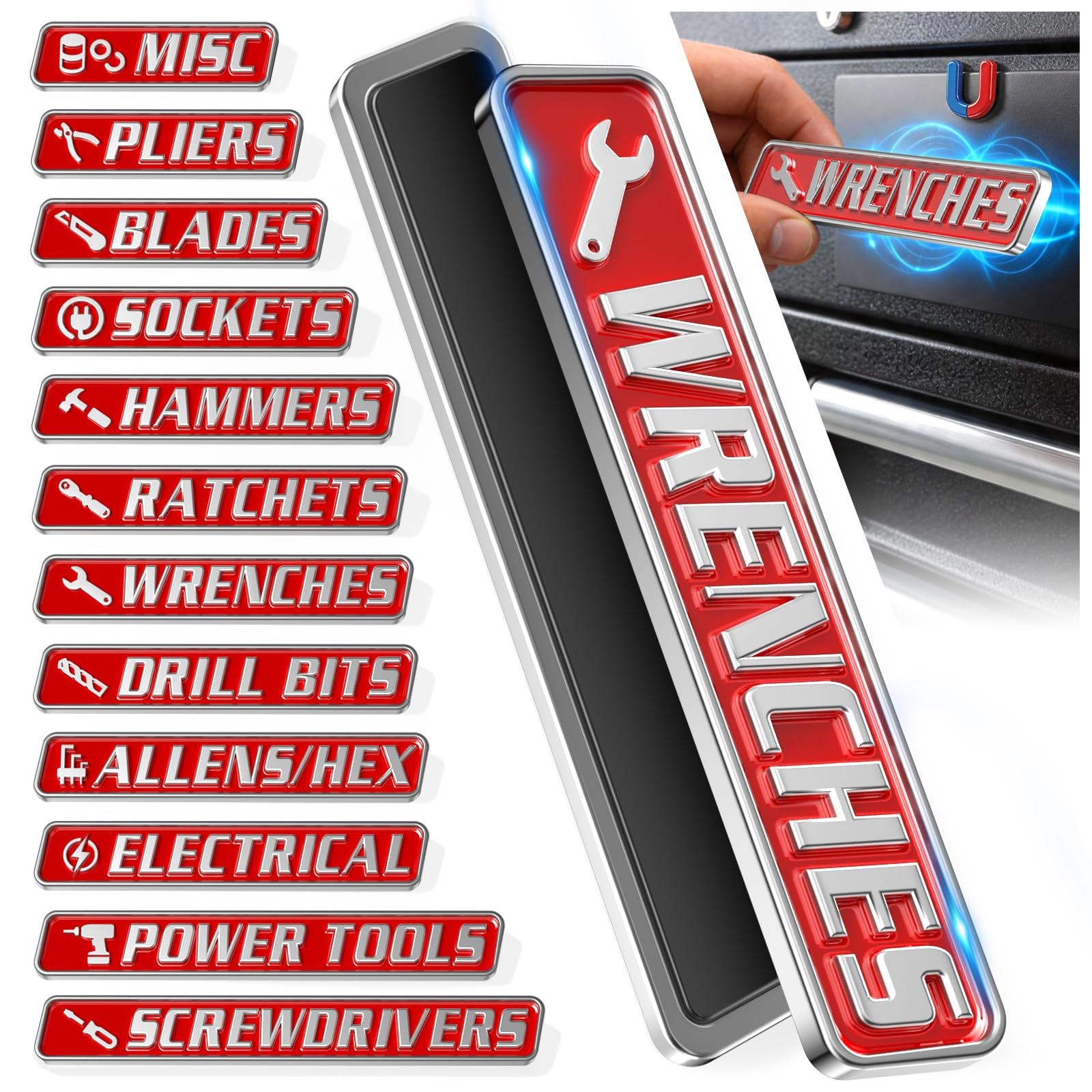 12 PCS Metal Magnetic Tool Box Labels, Embossed 2 to 4.1 inches, Red