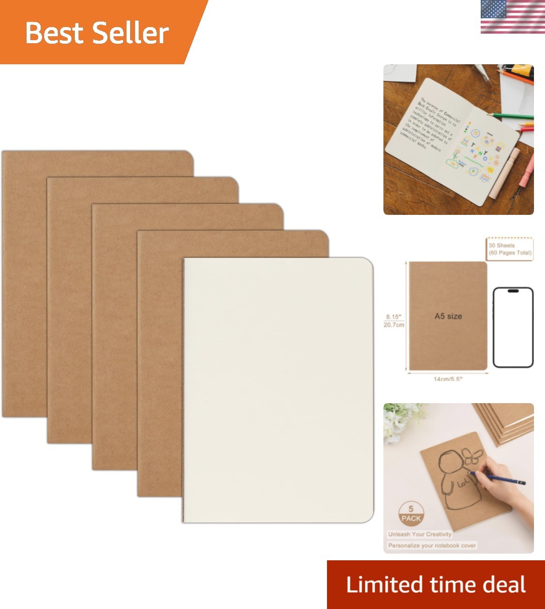 5 Pack A5 Kraft Notebooks Bulk, 8.15×5.5 Inches Blank Journaling Notebooks, N…