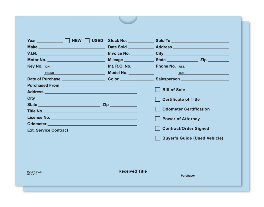 Deal jacket – Blue – Auto Car Dealer Record Envelope – Qty 500 Free Ship – #512
