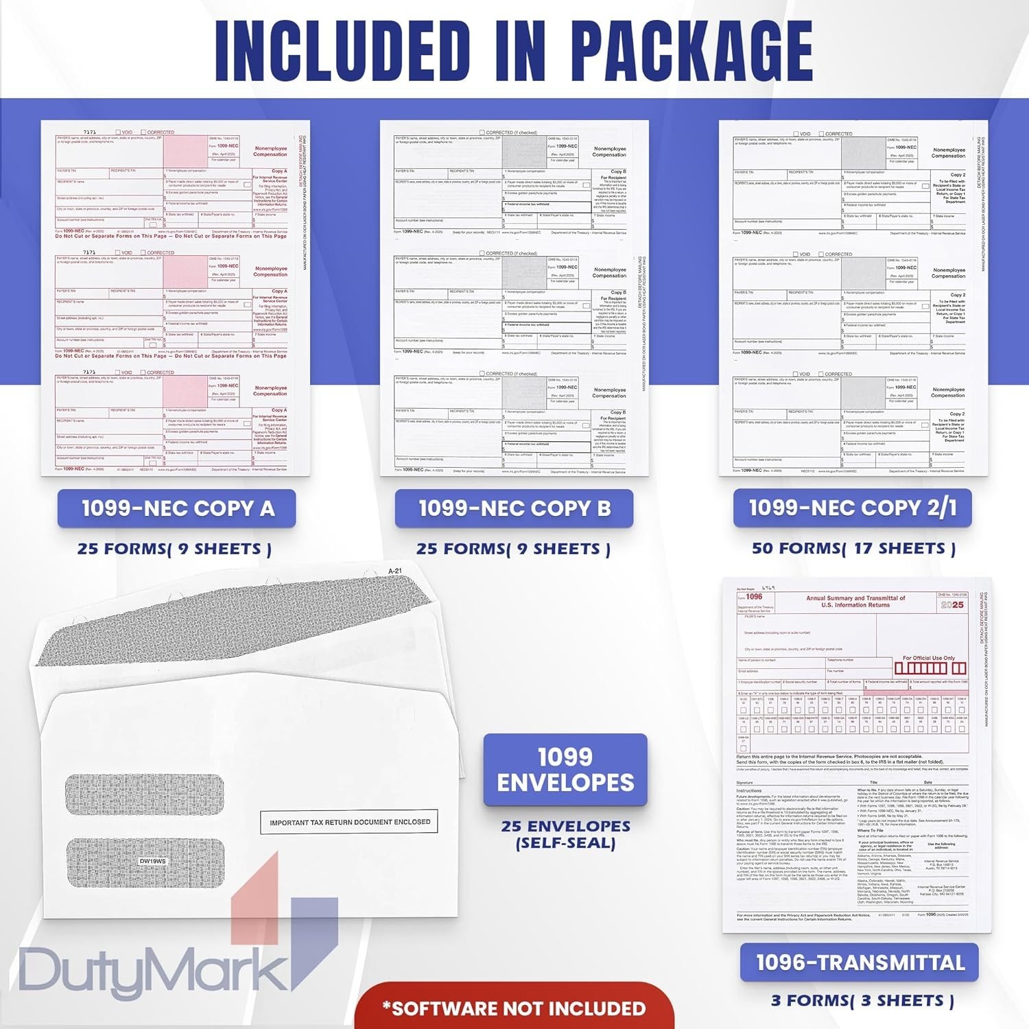 1099 NEC Forms 2025 for 25 Recipients 4 Part Laser Tax Forms Kit, 3 1096 Forms,