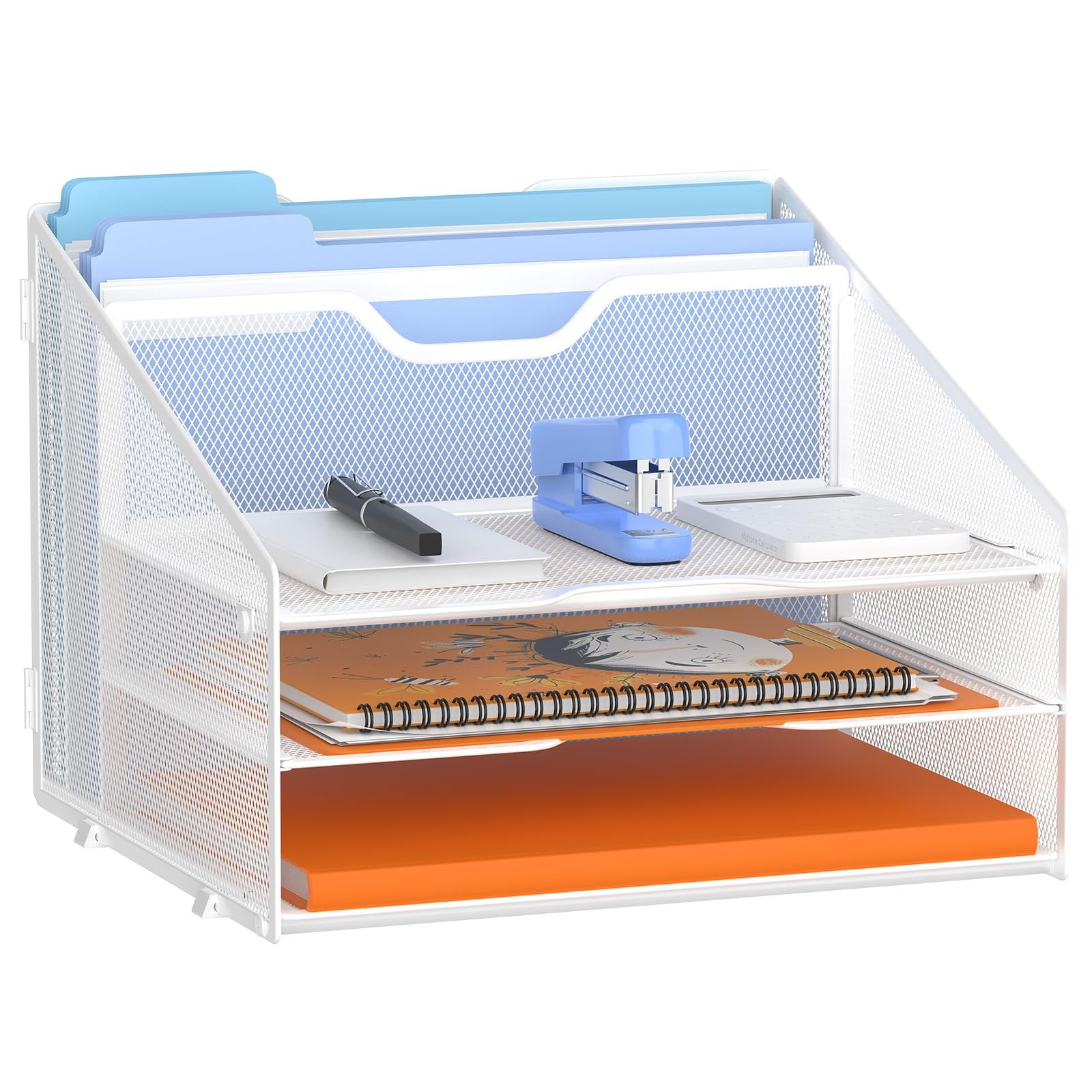 GAWERK Mesh Desk File Organizer, 3~Tier Letter Tray, 2 Upright Sections, White