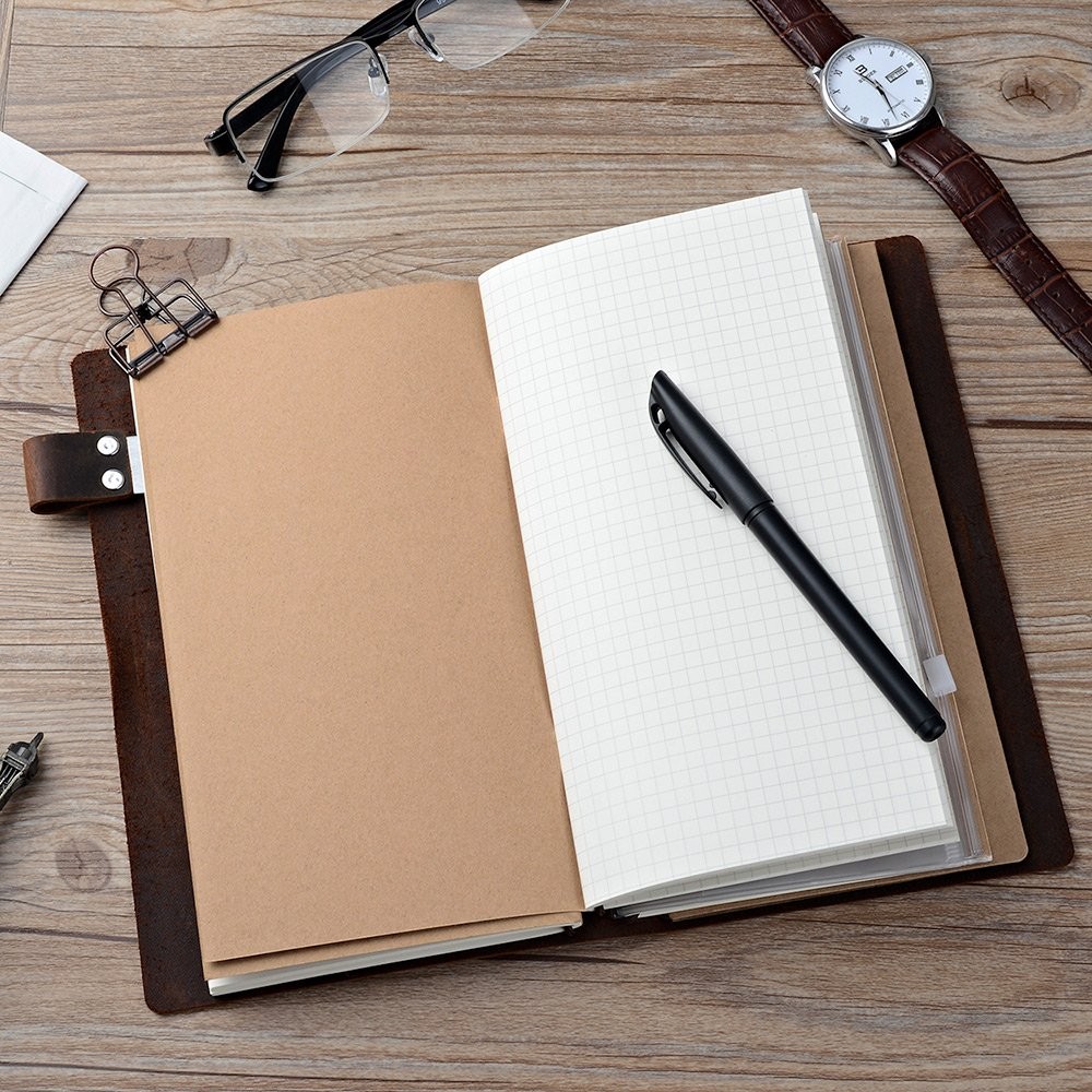 Refillable Leather Journal Travelers Notebook – 8.5 x 4.5 Travel Diary with 5…