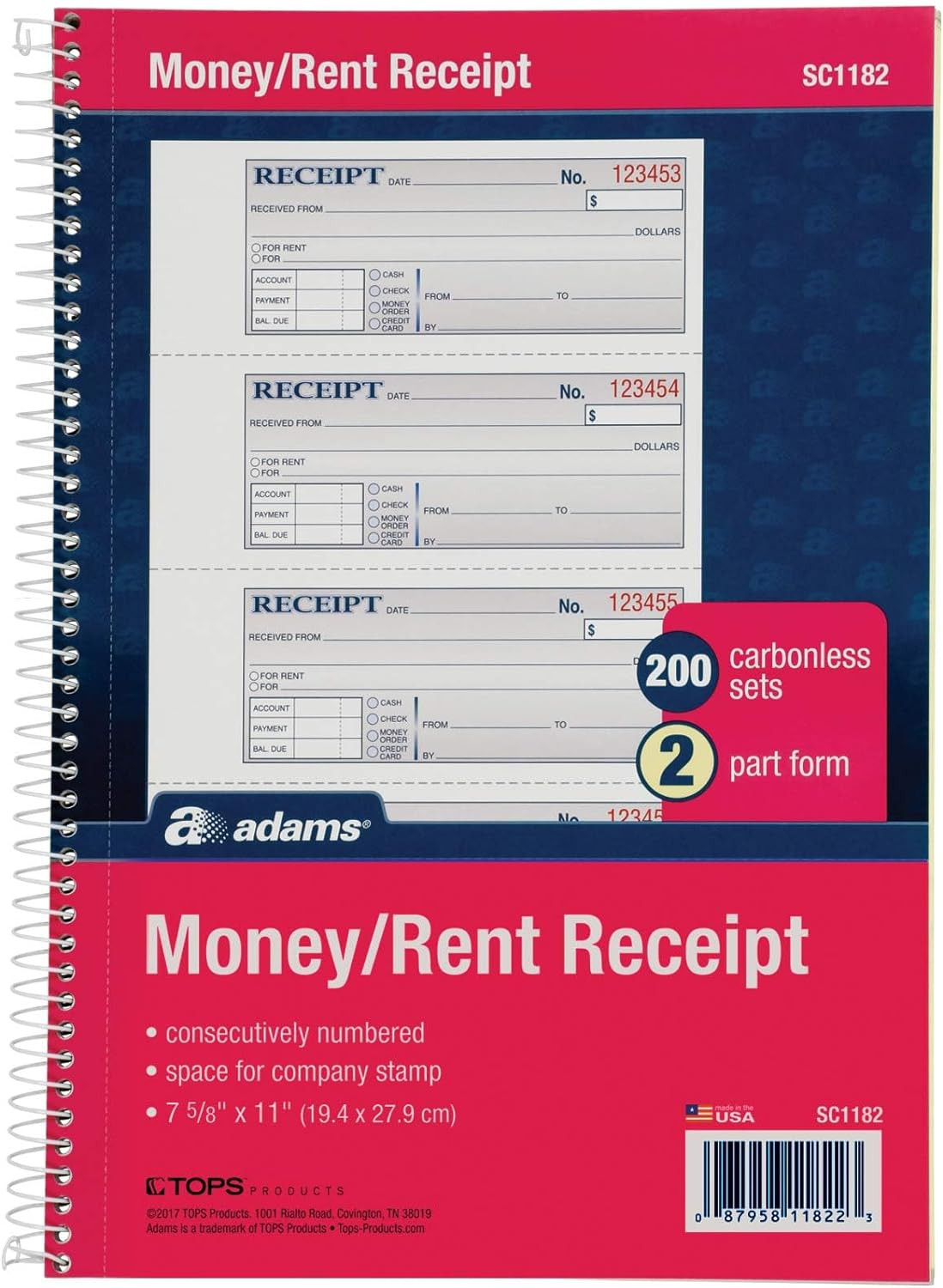 Adams Money and Rent Receipt Book, 2-Part Carbonless, 7-5/8″ X 11″, Spiral Bound
