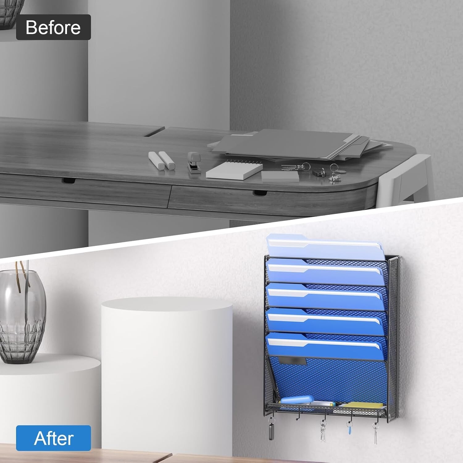 Hanging Wall File Organizer with Hooks 6 Tier Vertical Mount Holder Paper