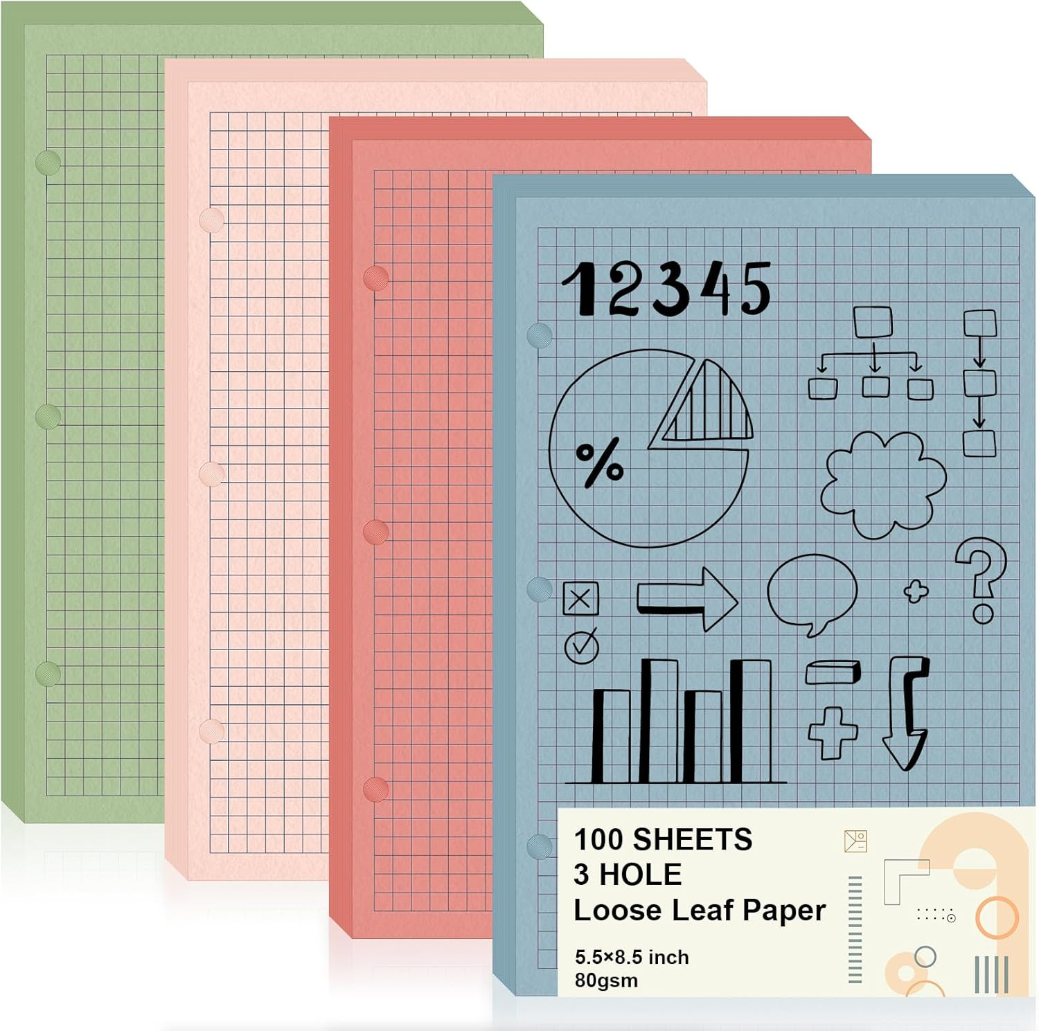 100 Sheets Half Letter 3 Hole Notebook Grid Paper Refill 5-1/2 X 8-1/2 Loose Lea